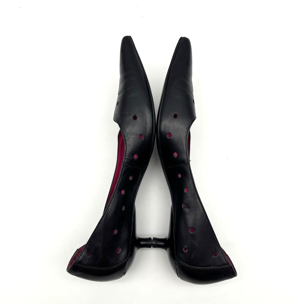 1980s San Reno 'KATI' Black Holey Leather Point Toe Kitten Heel Pump 6.5B Brazil - Picture 10 of 15
